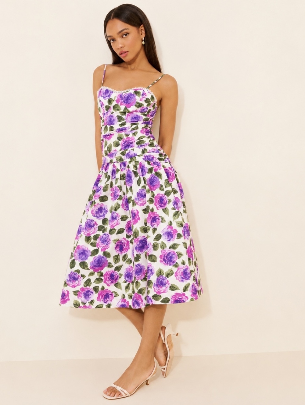 Maeve Anthropologie Cotton Purple Floral Ruched Drop Waist Midi Dress Small NWT